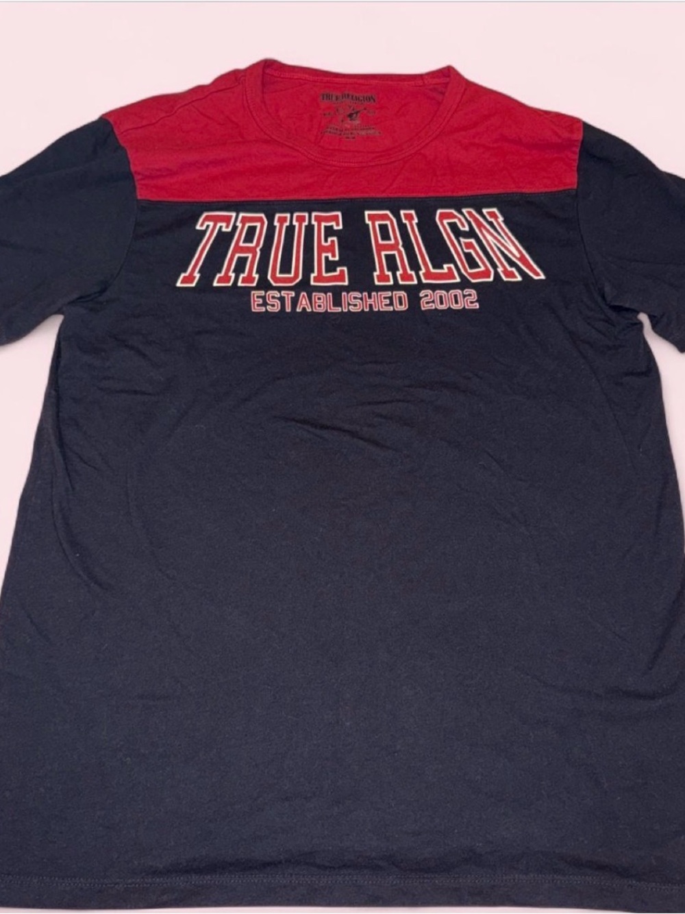 True Religion Men’s Navy and Red Chest-Logo Short Sleeve Tee